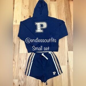 VS PINK NAVY BLUE FULL ZIP IVY FLEECE HOODIE & SHORTS SMALL SET